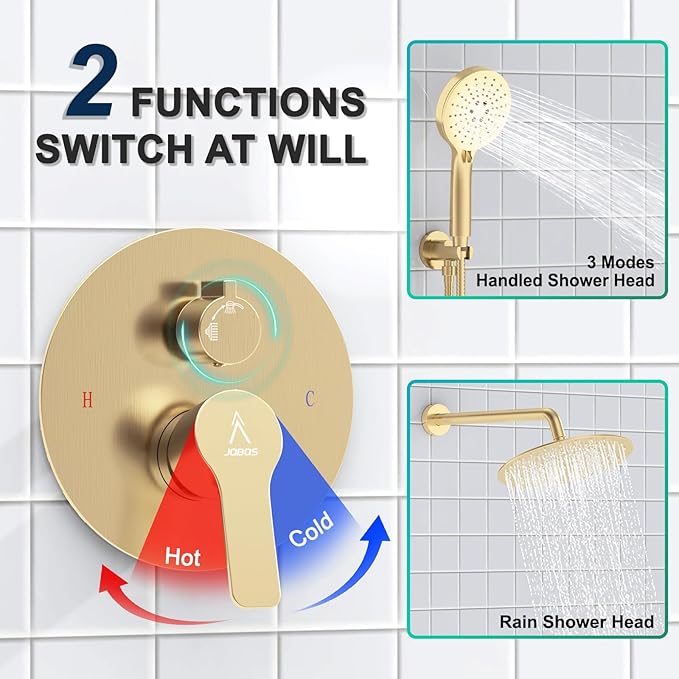 Shower Faucet Set Brass 10IN Rough-In Valve Body Trim Kit Rainfall Included Handle Accessories Complete 2 Functions with Rain Head and Handheld Bathroom Systems (10'', Brushed Gold)