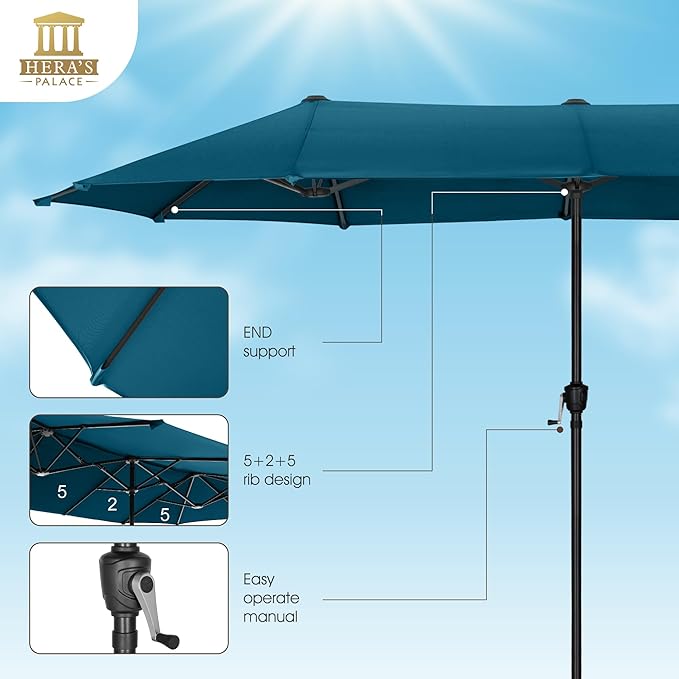 HERA'S PALACE 13 Ft Double-Sided Twin Patio Umbrella, Outdoor Double Sided Market Patio Umbrella with Crank, Powerful UV Protective (Cerulean)