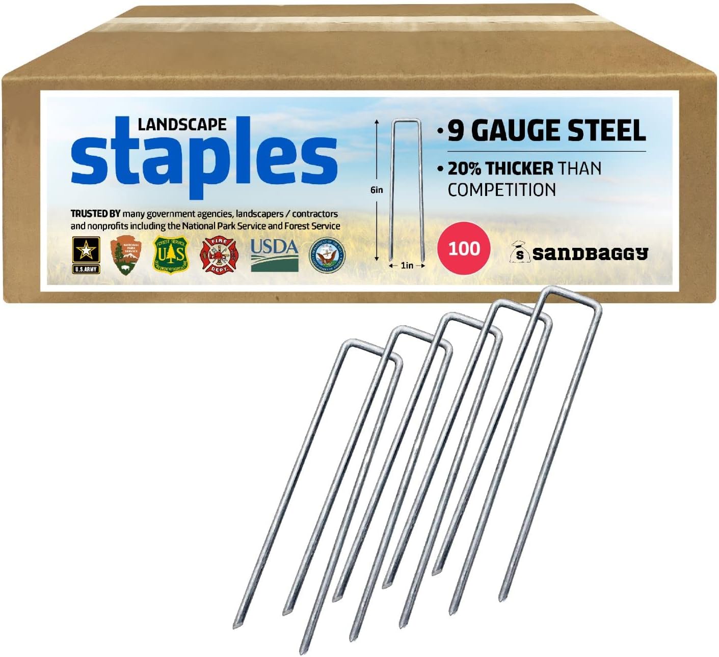 Sandbaggy 6 inch Landscape Sod Staples (9 Gauge Steel) ~ Great for Hard Soil - 20% Thicker Than Competition - Trusted by Farmers & Contractors Across USA (100 Staples)