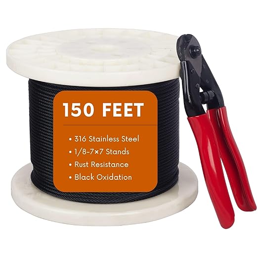 150ft 1/8" Black Wire Rope Cable, T316 Stainless Steel Marine Grade for Cable Railing, Stairs and Fences -Flexible 7 x 7 Strands Construction