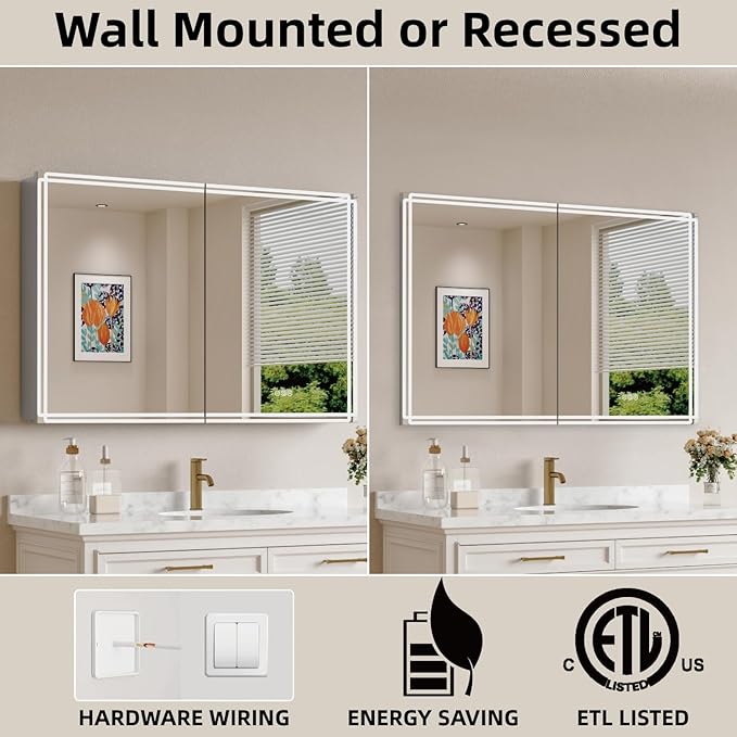 Buruis 48'' x 32'' Medicine Cabinet with Lights and Mirrors, Recessed or Wall Mounted Modern Bathroom Cabinet with 3-Mode Light, Anti-Fog, Dimmable, Memory Function, Outlet, Silver