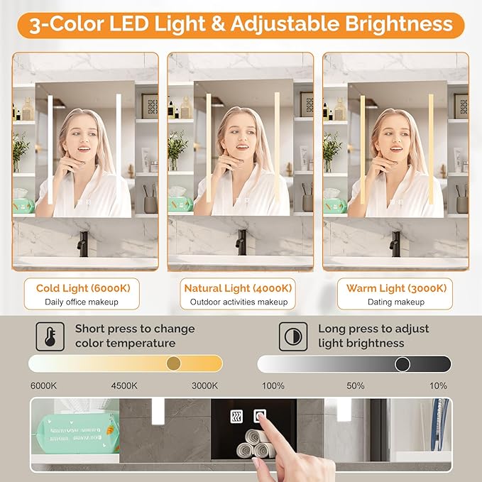 VINGLI 36Inch Medicine Cabinet with Lights, Lighted Medicine Cabinet with Mirror, Bathroom Vanity Mirror with Storage,Wall Mounted Anti-Fog Dimmable Light and Color Adjustment,5.9" D x 36" W x 24" H