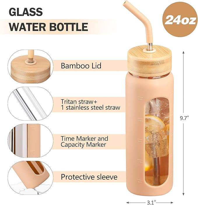 Glass Water Bottles with Straw -24oz- Water Bottle Phone Holder for Gym Sports Water Bottles with Silicone Sleeve Glass Drinking Bottles 2 Lids - Spout & Bamboo Straw Lid(Amber)