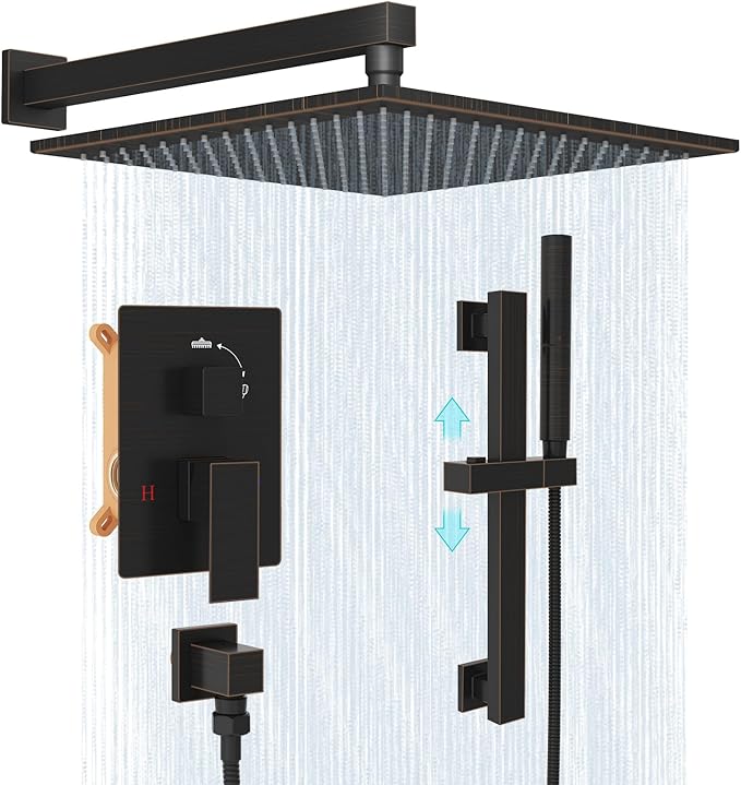 Hoimpro Shower System with Adjustable Slide Bar,12 Inch Square Rain Shower Head and Wand Wall Mounted, 2 in 1 Handheld Showerhead for Bathroom, Oil Rubbed Bronze