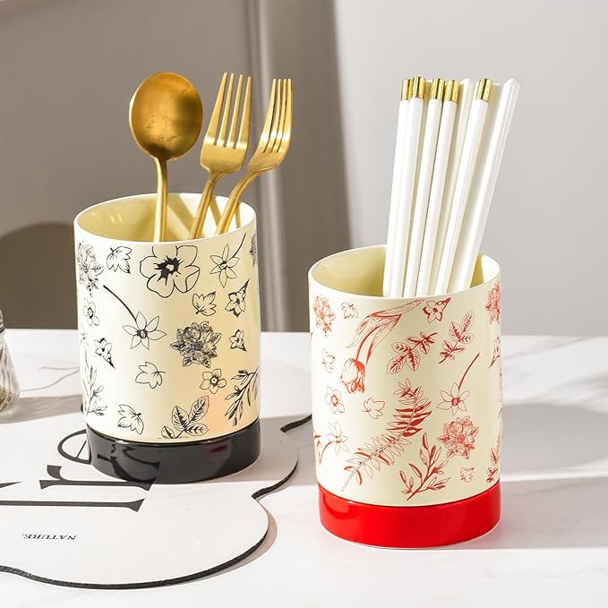 Small Utensil Holder for Kitchen Counter H5.9 x W4.1”, Ceramic Floral Cooking Utensil Crocks Countertop Organizer with Flowers