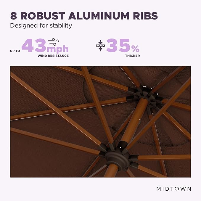 Midtown Umbrellas Sunbrella Umbrella Outdoor Patio Umbrella 2-8 Feet in Bay Brown Acrylic Fabric - Auto-Tilt Aluminum Frame For Backyard Umbrella, Deck Umbrella & Porch Umbrella - Wooden Pole