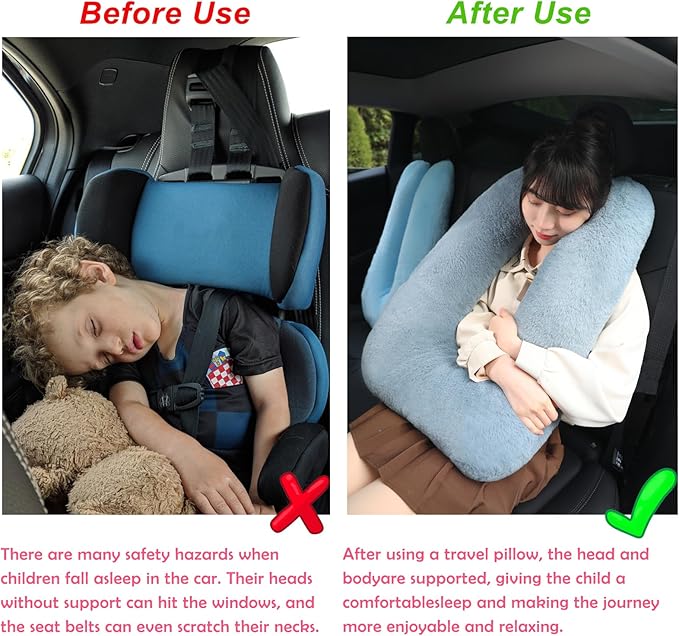 Kids Travel Pillow for Car Seat with Hand Muff, Strawberry Cartoon Neck & Headrest Seat Belt Pillow for Car Road Trips Long-Distance Travel Sleeping Pillow for Adults and Children, Cow