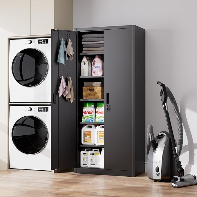 70.87" H Metal Garage Cabinet with 2 Doors and 5 Adjustable Shelves,Metal Storage Cabinet with Pegboards and Hooks for Garage, Office, Home,Gym, School, Assembly Required,Black