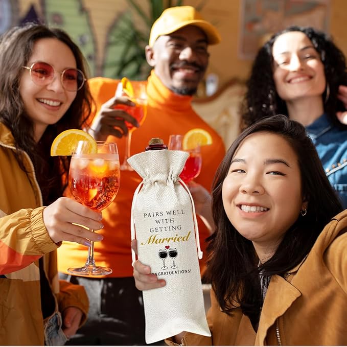 Engagements Gift Burlap Wine Bags Gift for Woman Friend Bestie BFF Couples Bride Groom, Reusable Wine Gift Bags with Drawstrings for Wedding Party Decoration Thanksgiving Christmas Home Storage - 09