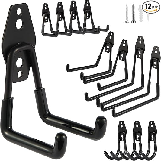 Steel Garage Hooks Wall Tool Organizer, 12 Pack Garage Storage Hook Heavy Duty Utility Storage Hangers Black for Ladders, Ropes, Garden Tools