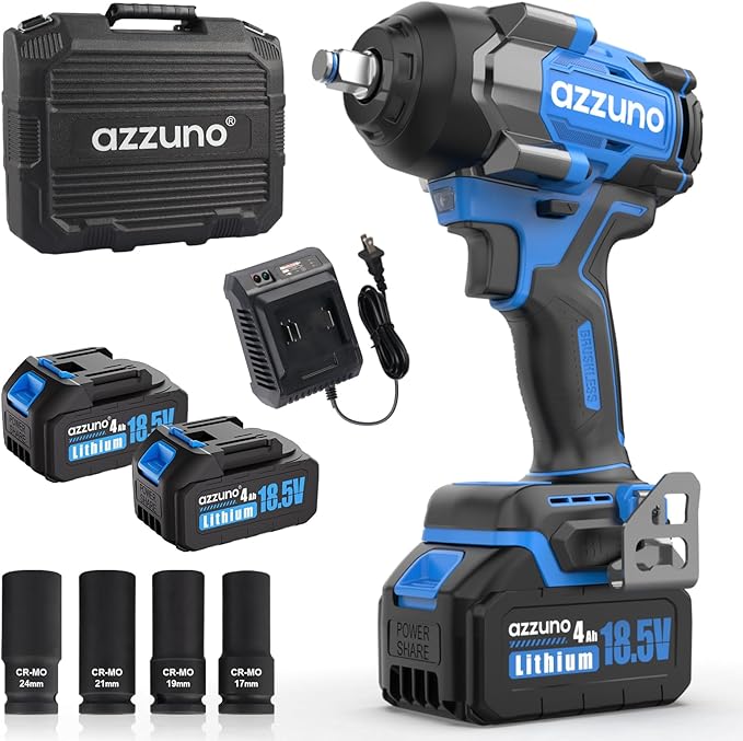 AZZUNO Impact Wrench Max 737 Ft-lbs(1000N.m) 1/2 inch Brushless High Torque Electric Impact Wrench, Powerful Cordless Impact Driver with 2x4Ah Batteries, 4 Sockets and Charger for Home Car Truck Tire
