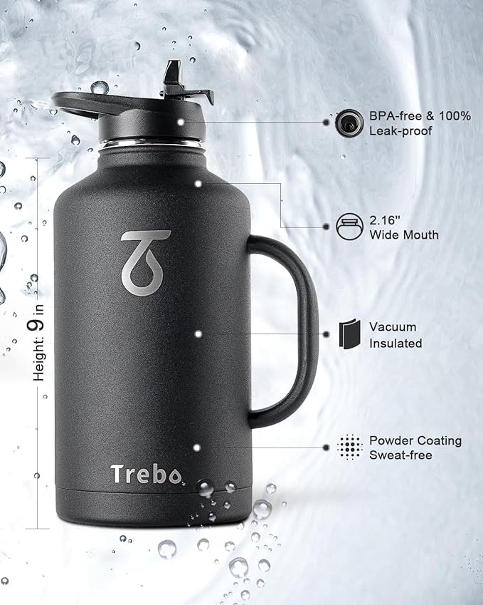 Trebo 64oz Water Bottle Insulated with Straw & 2 Lids, Half Gallon Double Wall Vacuum Stainless Steel Metal Large Jug with Handle, Wide Mouth Flask Mug with Carry Pouch, Keep Cold Hot, Black