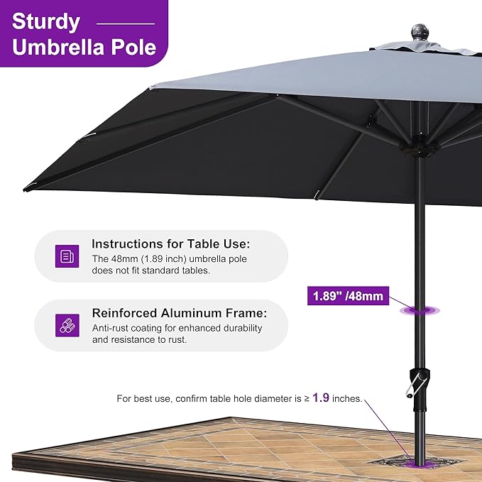 PURPLE LEAF 10' x 10' Square Patio Umbrella Outdoor Table Umbrella Aluminum Frame Market Umbrella Sun Umbrella with 8 Sturdy Ribs for Garden Deck Lawn & Pool Gray