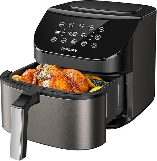 Air Fryer 6.8 Quarts, 10-in-1 Functions, Air Fry, Roast, Bake, Broil, Dehydrate, Large & Compact Air Fryers, Nonstick & Dishwasher-Safe Airfryer Basket, Stainless Steel Air Fryer, Metal Grey