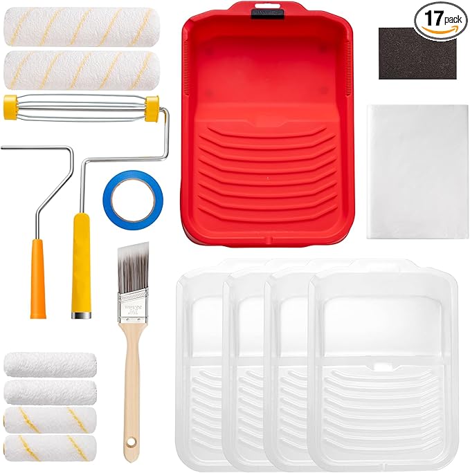 Mister Rui 17-Piece Paint Roller Kit with Non-Slip Tray, Microfiber Roller Covers, Brushes for DIY & Professional Painting Projects, Complete Set for Home Improvement