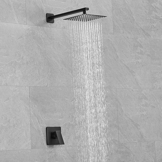 Matte Black Shower Faucet Set, Single Function Shower Trim Kit with Rough-in Valve, Square Rain Shower Head System Included Extra Long Shower Arm for Bathroom