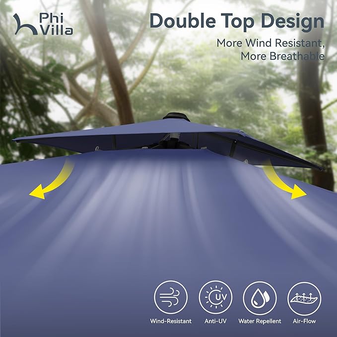 PHI VILLA 9' X 12' Cantilever Patio Umbrella, Outdoor Large Rectangular Umbrellas with 360°Rotation, Heavy Duty Hydraulic Double Umbrella Windproof for Outside, Navy Blue