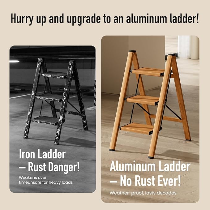 3 Step Ladder,Aluminum Folding Step Stool for Adults,Step Ladder with Wide Anti-Slip Pedal,330 lbs Capacity for Home,Office,Kitchen,Library(Woodgrain