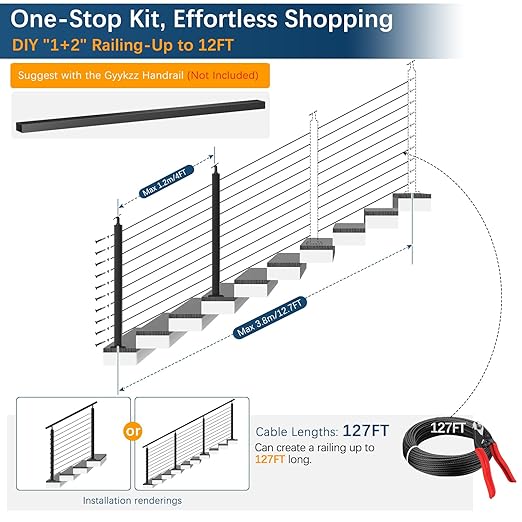 2 Pack Economical Stair Cable Railing Post Kits 36", Stainless Steel T304 Deck Stair Railing System with Swageless Tensioner, Upgraded Black Powder Coated Stairway Post Kits with DIY Length