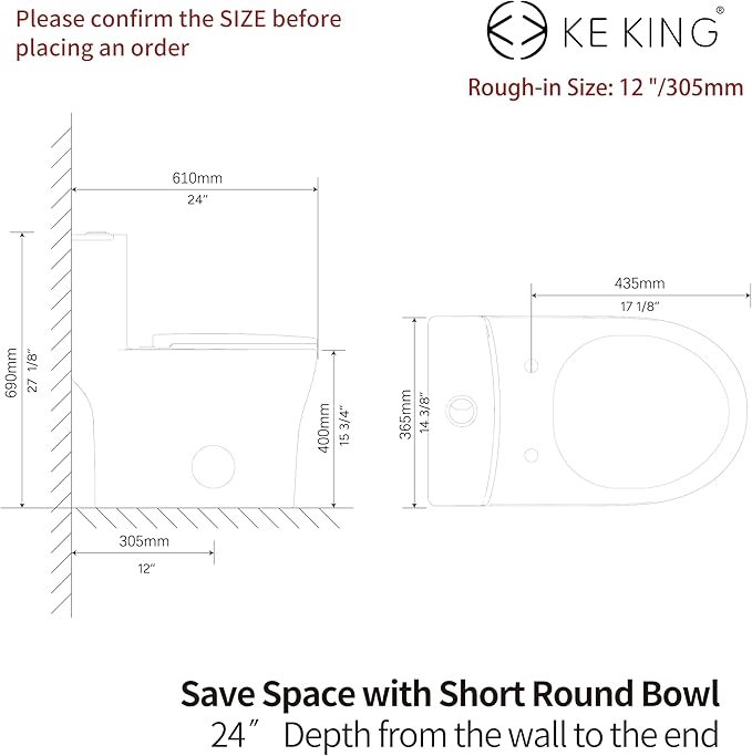 24'' Depth Compact One Piece Toilet, Quiet Dual & Powerful Flush Small Toilet for Small Bathroom, Space Saving Toilet with Soft Close Seat, 12'' Rough-in