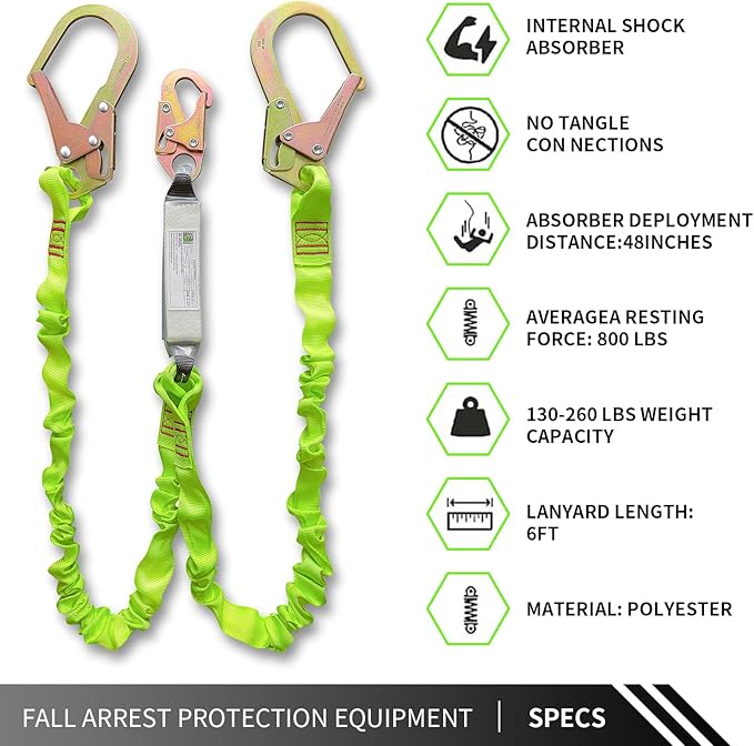 6FT Double Leg Internal Shock Absorbing Safety Fall Protection Lanyard with Dual Rebar & Snap Hook |Heavy-Duty Webbing | Roofer, Construction, Scaffolding | OSHA & ANSI Rated (A-Shock Absorbing)