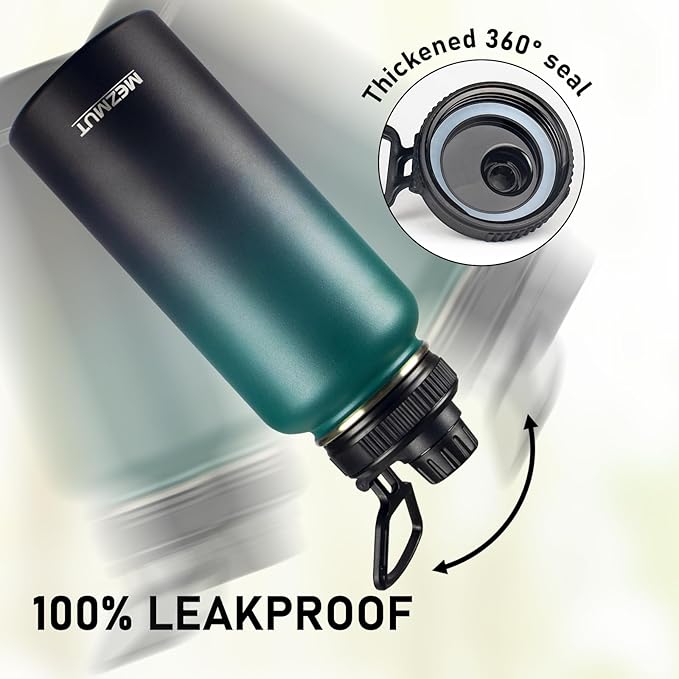 Stainless Steel Water Bottles 32oz Insulated Water Bottle with Straw&3 Lids Double Walled Sports Metal Thermos Water Bottle Cup Leak-Proof Vacuum Insulated Bottles Travel (Gradient Green Black)