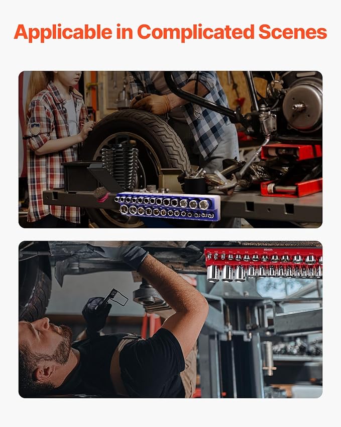 VEVOR Magnetic Socket Organizer Set, 8PCS Socket Holder, 1/4'', 3/8'' & 1/2'' Metric SAE Socket Trays with Clear Labels, Hold up to 199PCS Standard & Deep Sockets, Blaue & Red (Sockets Not Included)