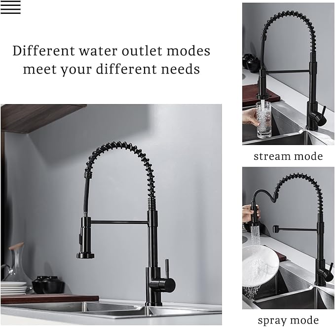 Kitchen Faucet with Pull Down Sprayer, Spring Single Handle Kitchen Sink Faucets Modern Black Pull-Out Spring Stainless Steel Kitchen Faucets for Camper Farmhouse RV Bar Kitchen Sinks
