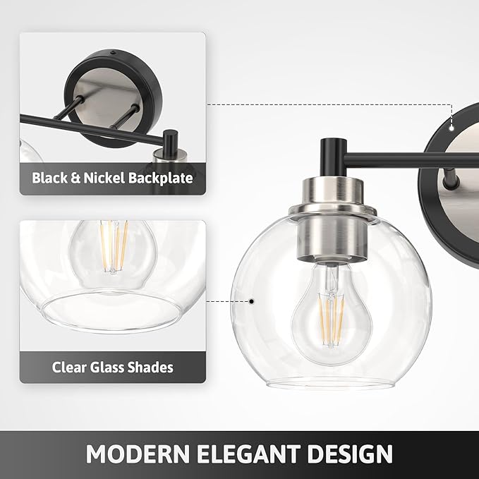 VONLUCE Bathroom Light Fixtures, 2-Light Vanity Light with Globe Glass Shades E26 Sockets, Bathroom Lights Over Mirror for Bedroom Hallway Living Room, Black & Nickel Finish