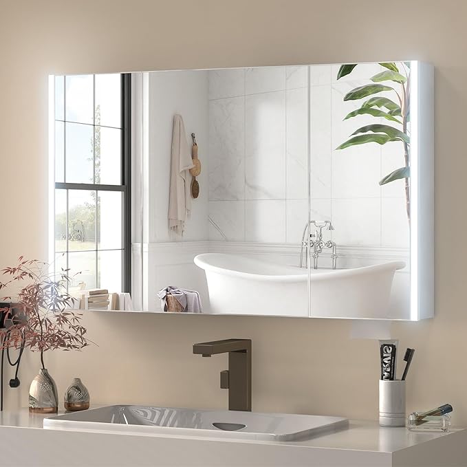 40x28 Inch Medicine Cabinet with Light, AL Alloy Frame, Full-Assembled Bathroom Mirror Cabinet with Brightness Adjustable and Storage, Led Medicine Cabinet Mirrored with Recessed, Sliver