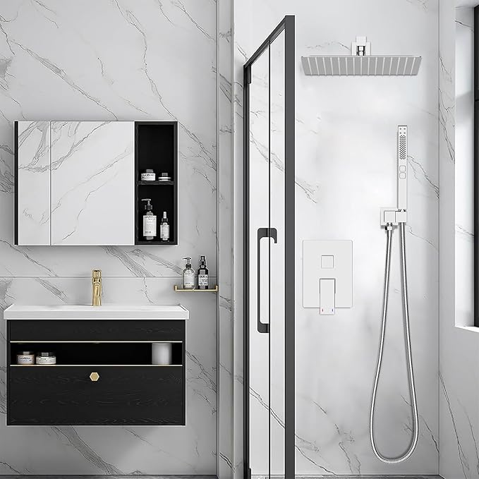 RUMOSE Polished Chrome Rainfall Shower System 12 Inch High Pressure Square Head with 2 in 1 Handheld Spray Wall Mount Brass Bathroom Shower Faucet Set with cUPC Certified Rough-in Valve