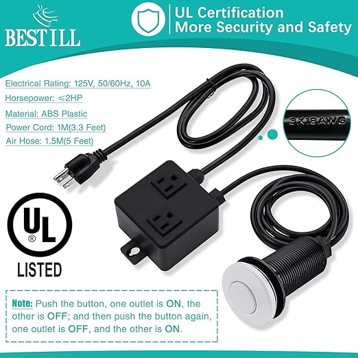 BESTILL Sink Top Air Switch for Disposal, Garbage Disposal Button with Brass Cover, Dual Outlet Long Push Button for Waste Disposer, White