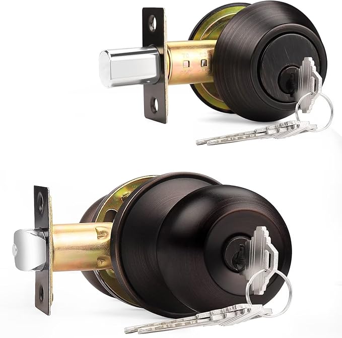 Probrico Door Knob with Single Cylinder Deadbolt Set Oil Rubbed Bronze Entry Door Lock with Key, Contemporary Front Door Entrance Lockset Handleset Gate Hardware