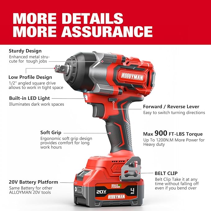 Cordless Impact Wrench, 900Ft-lbs (1200N.m) 1/2" Brushless Impact Gun, 20V High Torque Power Impact Driver, 2x4.0Ah Batteries,Brushless Motor 2400 RPM Variable Speeds for Family Car/Pickup Truck/Mower