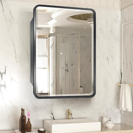 16×24inch Medicine Cabinet,Mirror Cabinet with Beveled Mirror,Soft Close Hinge,Brushed Metal Framed,Detachable Side Plate for Recess Mount or Surface Mount,Black