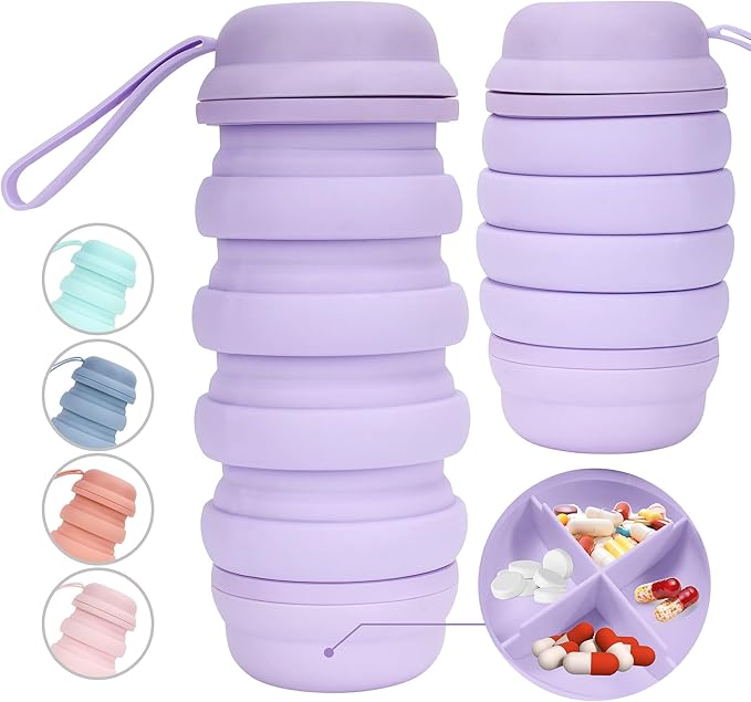Collapsible Water Bottle, Reusable Water Bottle, Travel Water Bottle, Pill Storage, On the Go, Outdoors, Lunch Water Bottle, BPA Free, Vitamin Storage. (Purple)