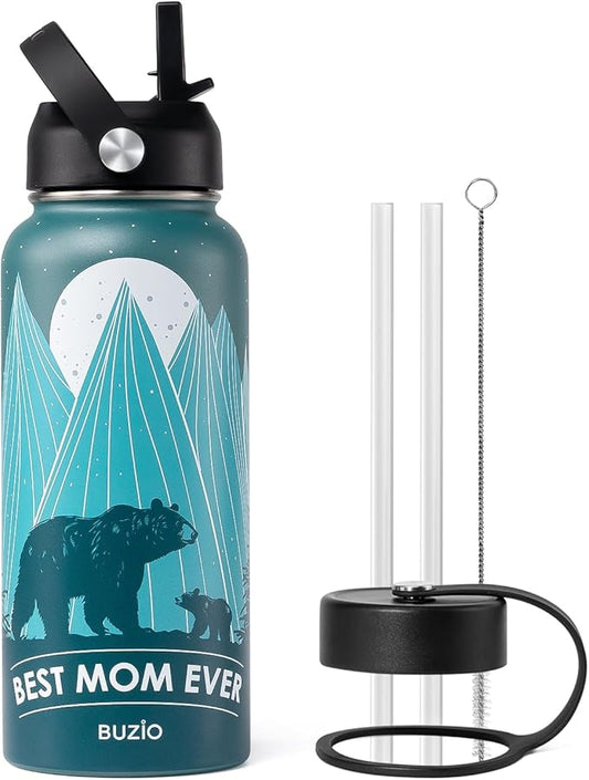 BUZIO 32oz Mom Water Bottle Bear Mama, Vacuum Insulated Water Flask with Straw, Stainless Steel Water Bottle Metal Thermo Mug for Mother Day, Best Mom Birthday Gifts from Kids