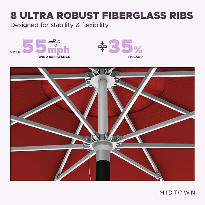 Midtown Umbrellas Push Pop Sunbrella Umbrella 10 Feet Large Outdoor Umbrella With Red Acrylic Fabric - Deck Patio Umbrella, Backyard Umbrella, Garden Umbrella & Pool Umbrella - Black Pole