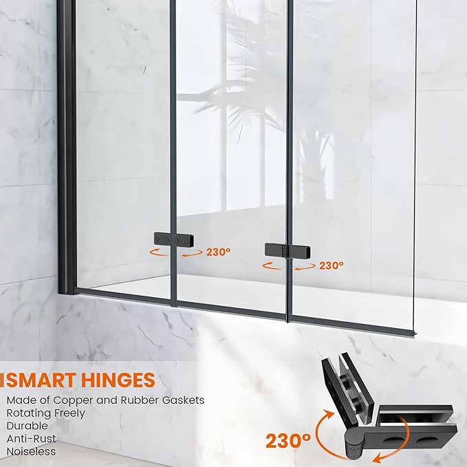 Bathtub Shower Doors 51.2-51.8 in. W × 59 in. H, 1/4" (6mm) Clear Tempered Glass Shower Door, Framless Bi-fold Triple Glass Panels Shower Door with Clamps, Matte Black