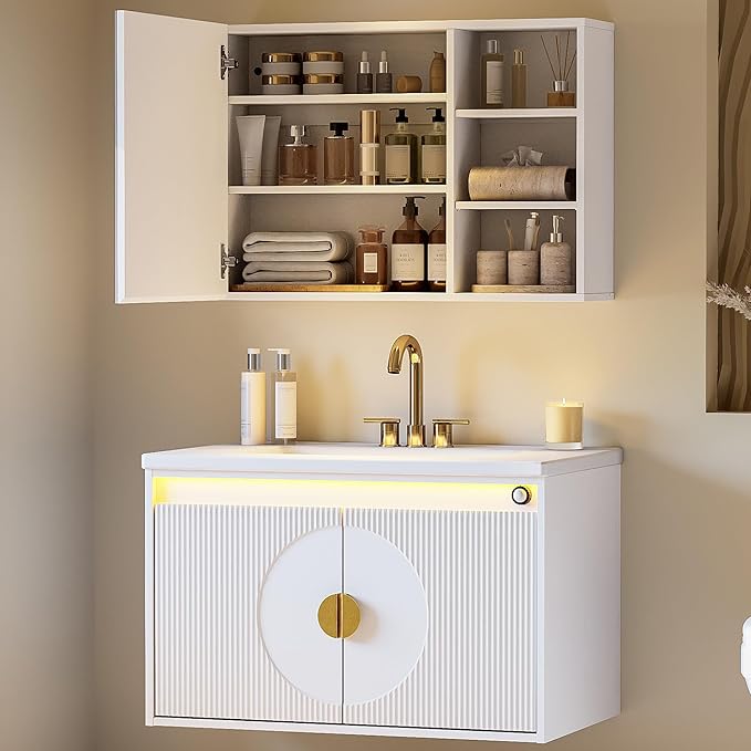 IRONCK Floating Bathroom Vanity with Sink, Mirror Medicine Cabinet, LED Strip Light, 30 Inches Modern Wall Mounted Sink Cabinets & Mirror Cabinets Set with Large Storage Space, White