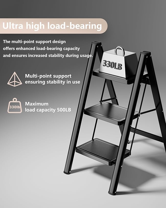 Step Ladder 3 Step Folding, Sturdy 330 Lbs Small Step Stool for Adults, Closet Step Stool Ladder with Anti-Slip Wide Pedals, Portable Folding Ladder for Home Kitchen Office