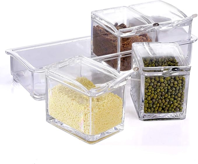 ME.FAN Clear Seasoning Rack Spice Pots - 4 Piece Acrylic Seasoning Box - Storage Container Condiment Jars - Cruet with Cover and Spoon