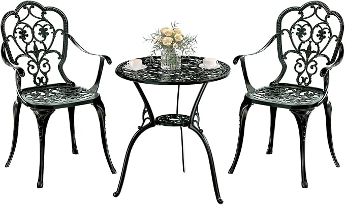 Patio Bistro Set of 2, Cast Aluminum, Outdoor Set w/Umbrella Hole, 3 Piece Table and Chairs Set, Bistro Set for Backyard/Garden/Lawn, Green