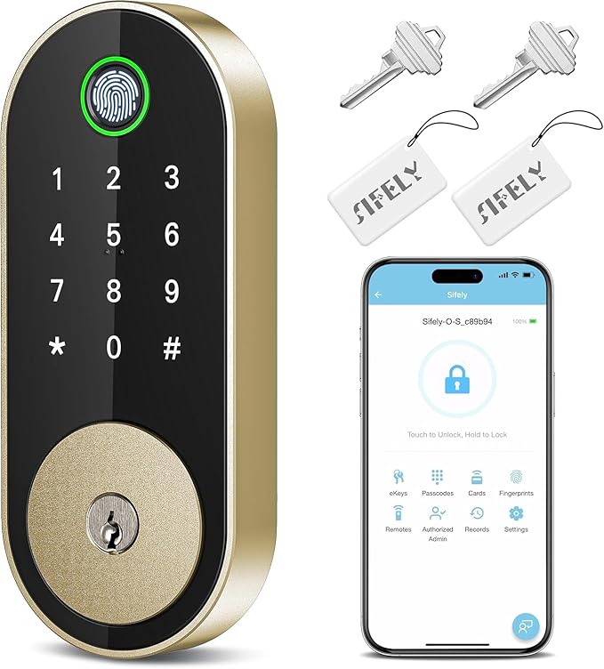 Keyless Entry Fingerprint Deadbolt Smart Lock: Digital Front Door Keypad with App Control, Electronic/Electric Deadbolt with Fingerprint & Code Access, Auto Locking, Easy to Install (Bright Brass)