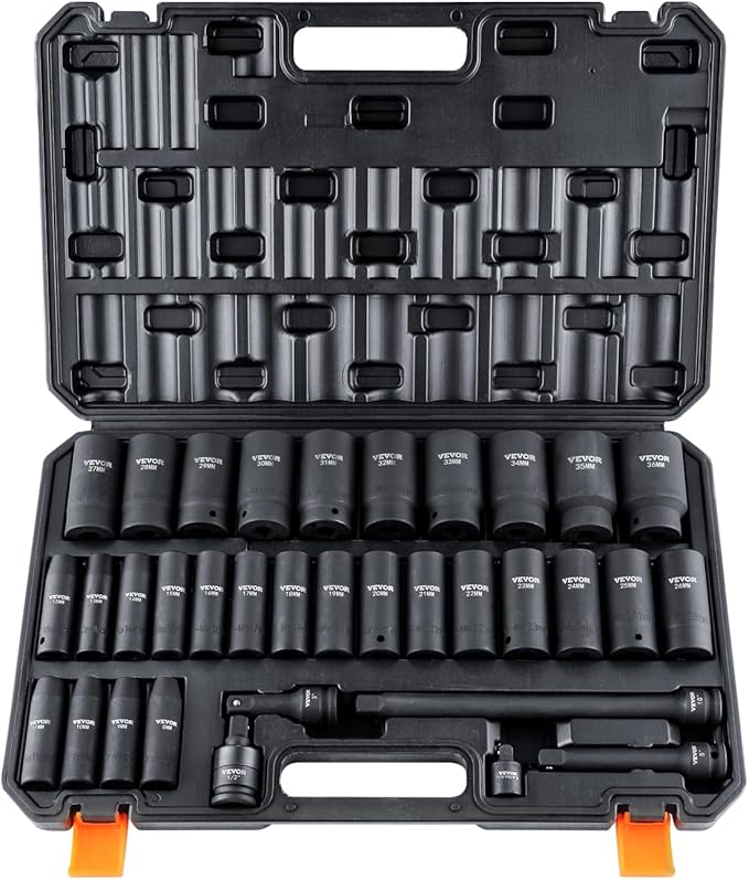 VEVOR 1/2" Drive Impact Socket Set, 34 Piece Socket Set Metric 8-36mm, 6 Point Cr-MO Alloy Steel for Auto Repair, Easy-to-Read Size Markings, Rugged Construction, Includes Storage Case