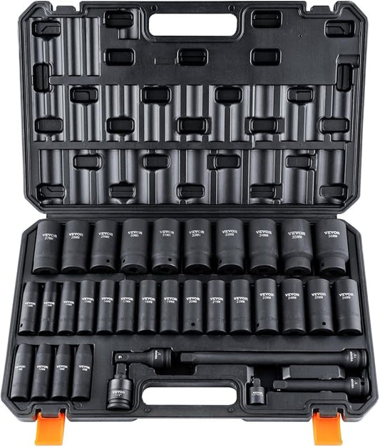 VEVOR 1/2" Drive Impact Socket Set, 34 Piece Socket Set Metric 8-36mm, 6 Point Cr-MO Alloy Steel for Auto Repair, Easy-to-Read Size Markings, Rugged Construction, Includes Storage Case