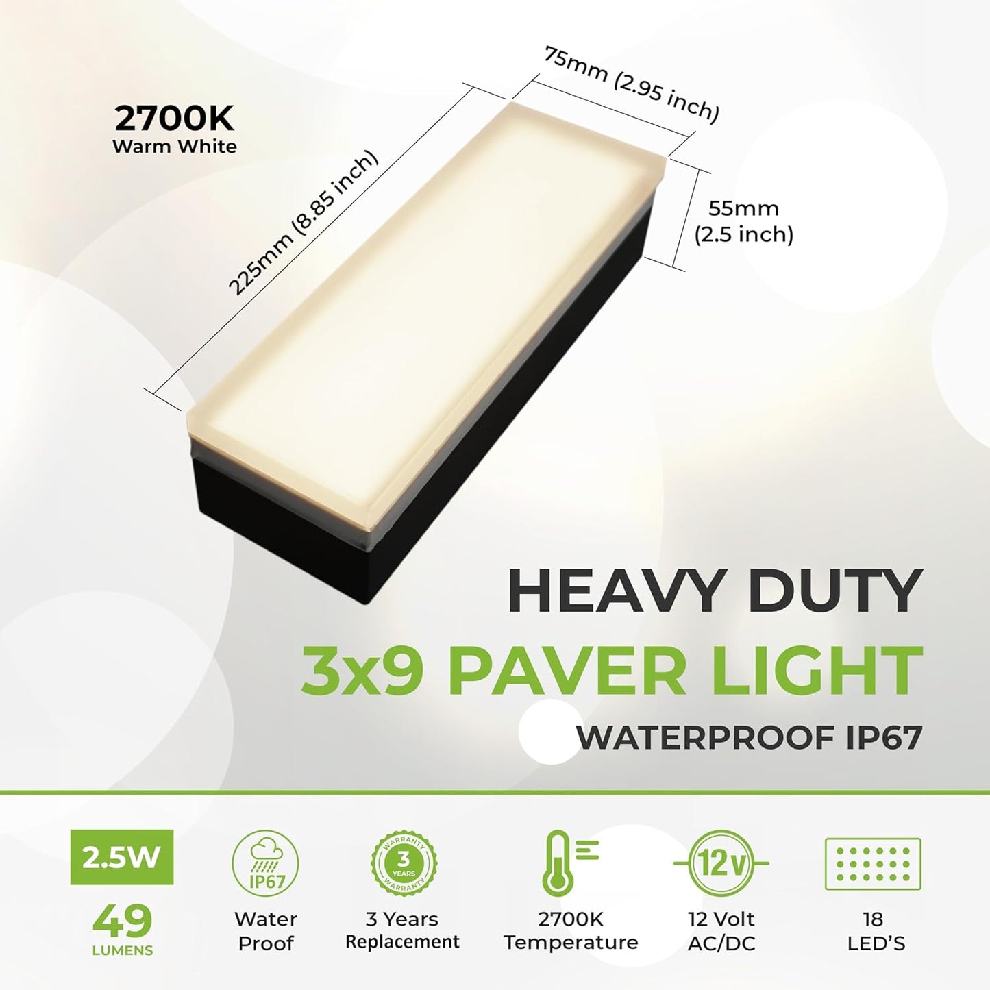 LUMENGY Paver Light 3×9 Inch (2.95 inch X 8.85 inch), Warm White Glare-Free Illumination for Driveways, Pathways, Pool Deck & Patios,12V AC/DC, Waterproof & Drive-Over Rated