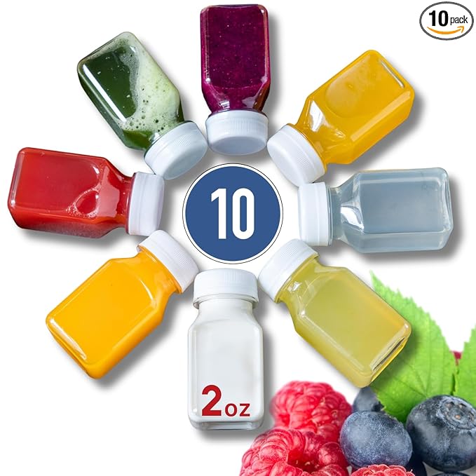 Norcalway 10pcs 2oz plastic containers with lids - Ginger shot bottles - Freezer Safe, Leak Proof, BPA free, Food Grade small plastic bottles with caps for liquids