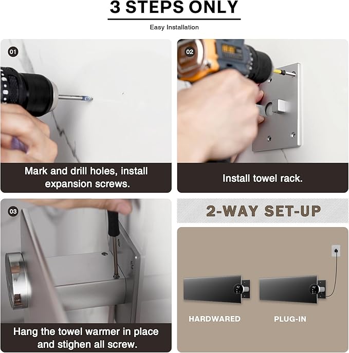 K&KALONZO Electric Towel Warmer, 18.8" W x 4.8" H Wall-Mounted Towel Heater with Built-in Timer, Waterproof Aluminum Towel Warmer for Bathroom, Support Plug-in and Hardwired, Black, K1-R-B