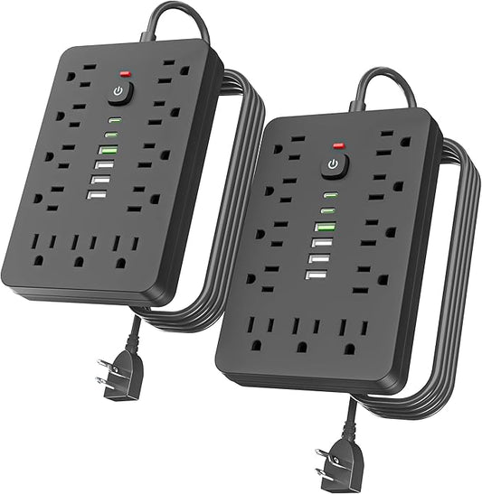 2PCS 6 FT Flat Plug Surge Protector Power Strip,11 Multiple AC Outlets with 6 USB Ports (2 USB C), 6 Feet Extension Cord, 1250W/10A, One Touch Switch Button, 17 in 1 Compact powerstrip